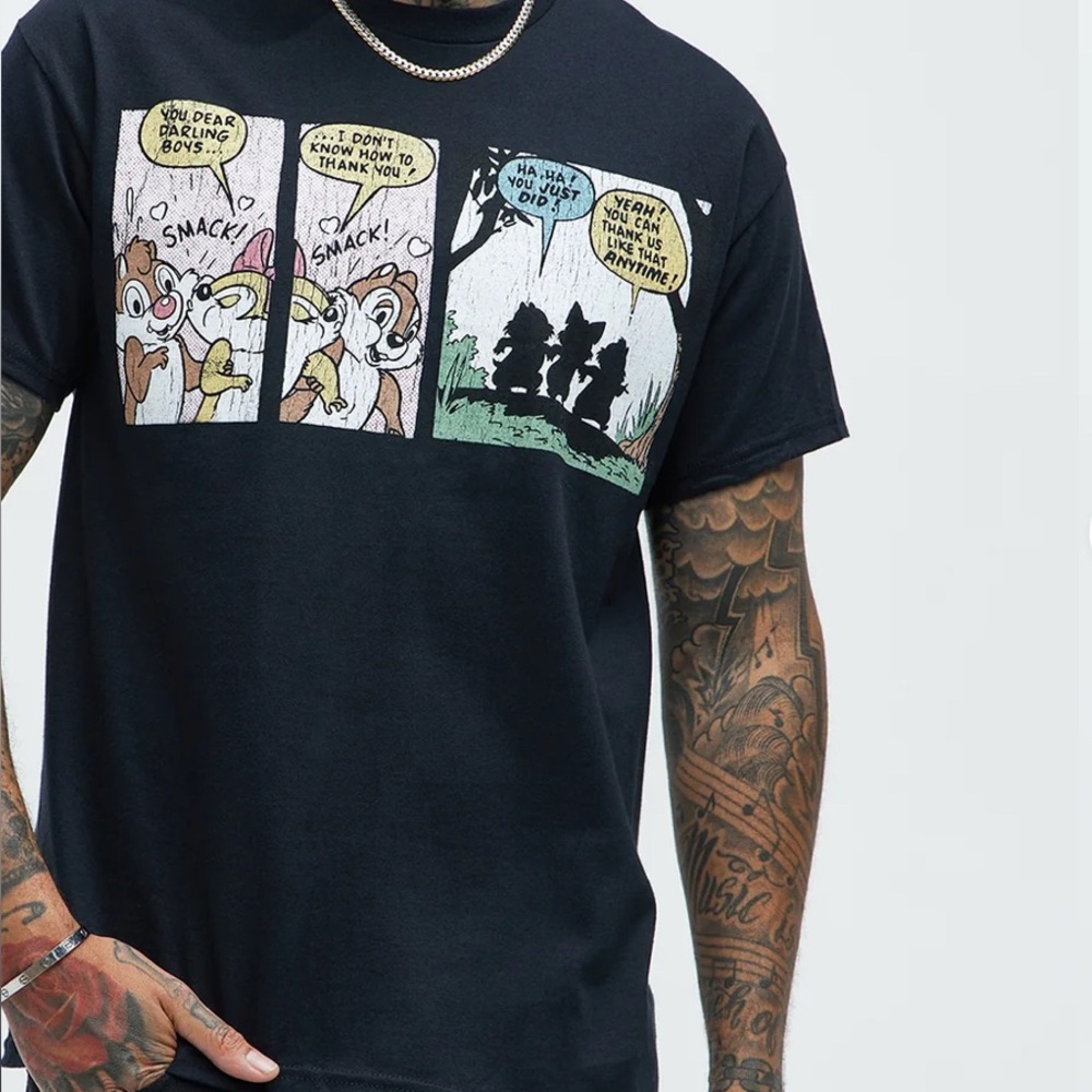 Black Graphic T-Shirt with Cartoon Panels